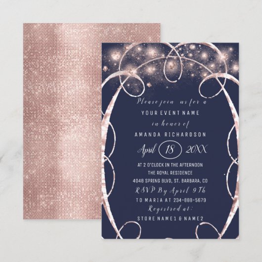 Invitation Fête des mariées Rose Gold Confetti Blue Navy (Devant / Derrière)