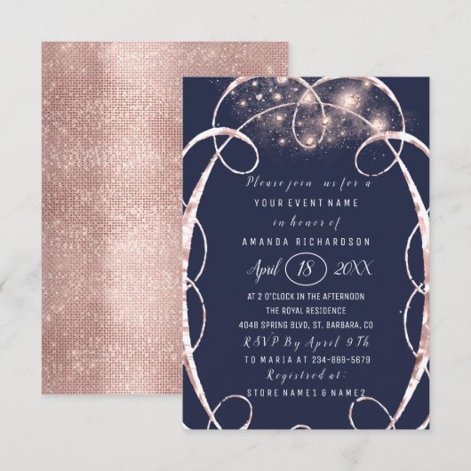 Invitation Fête des mariées Rose Gold Confetti Blue Navy (Devant / Derrière)