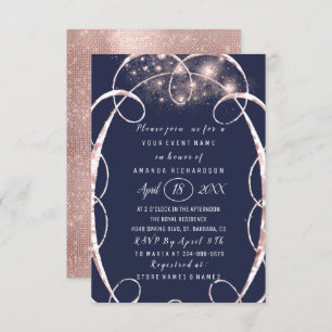 Invitation Fête des mariées Rose Gold Confetti Blue Navy