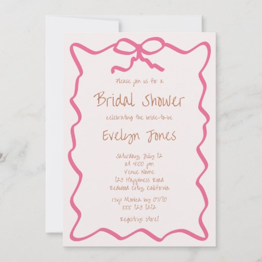 Invitation Fête des mariées rose manuscrite Bow (Devant)