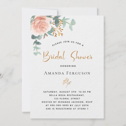 Invitation Fête des mariées rose or eucalyptus verdure luxe  (Devant)