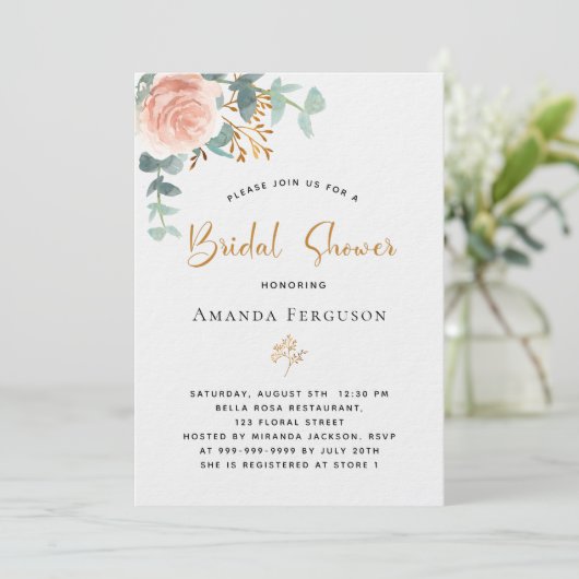 Invitation Fête des mariées rose or eucalyptus verdure luxe  (Debout devant)