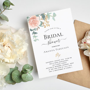 Invitation Fête des mariées rose or fleuri eucalyptus vert