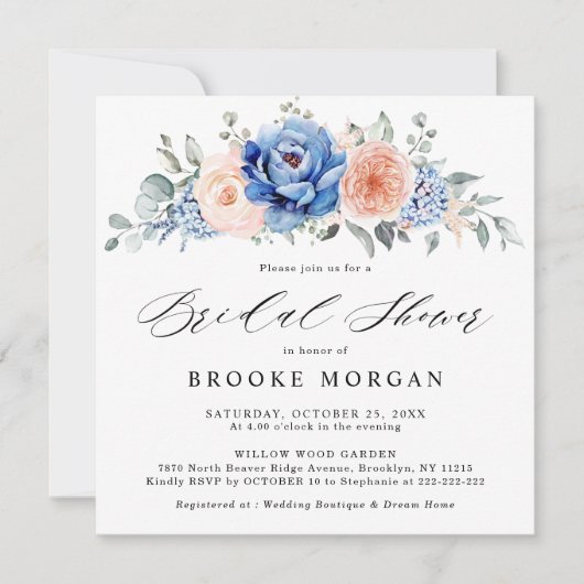 Invitation Fête des mariées rose pâle Dusty bleu marine (Devant)