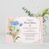 Invitation Fête des mariées rose pâle n Bleu fougères n Flora (Debout devant)