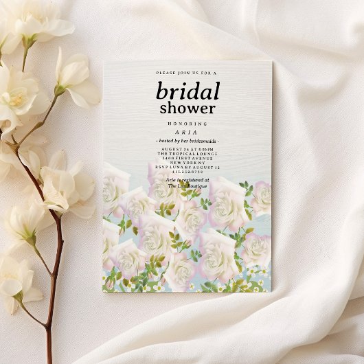 Invitation Fête des mariées rose rustique en bois blanc rose 