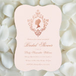 Invitation Fête des mariées Rose Vintage rose Elegant Gold Cr<br><div class="desc">Une invitation vintage pour une douche de mariée à thème victorien ou régency. Au-dessus du texte, il y a le portrait d'une jeune femme en silhouette de profil, en or (faux) rose, à l'intérieur d'une crête victorienne vintage, également en or rose. Tout le texte est écrit en calligraphie rose et...</div>