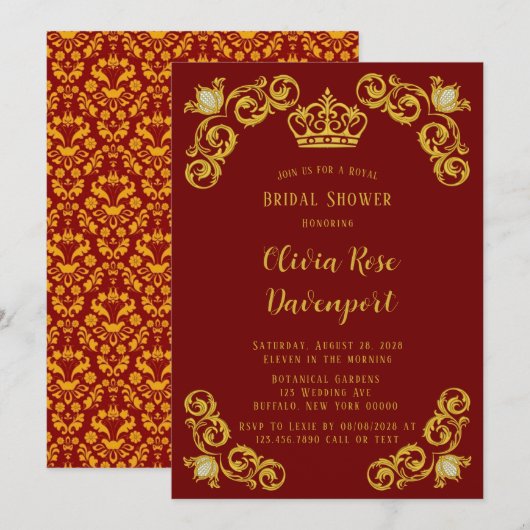 Invitation Fête des mariées rouge et or Royal Crown Damask (Devant / Derrière)