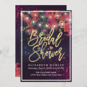 Invitation Fête des mariées Rouge Floral Lights Gold Script (Devant / Derrière)