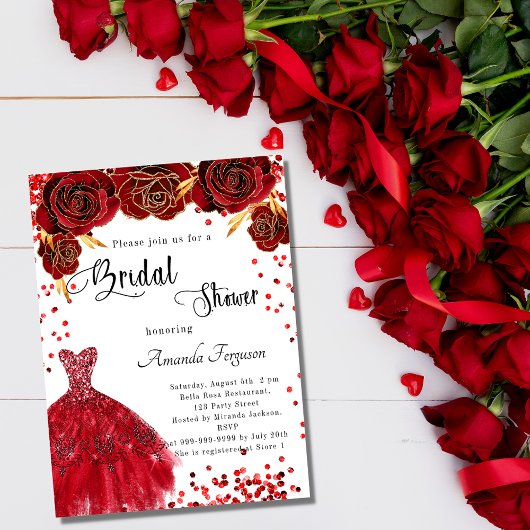Invitation Fête des mariées rouge robe blanche roses fleurs l