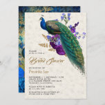 Invitation Fête des mariées Royal Blue Purple Floral Peacock<br><div class="desc">Elégant invitation de douche nuptiale avec un paon magnifique avec de belles fleurs. Ajoutez simplement les détails de votre événement sur ce modèle facile à utiliser pour en faire une invitation unique. Retournez la carte pour révéler un art rustique de découpage à l'arrière de la carte.</div>