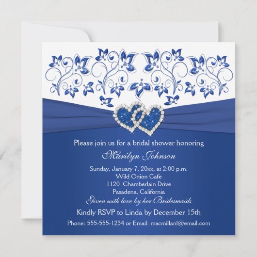 Invitation Fête des mariées Royal Blue, White Floral Hearts (Devant)