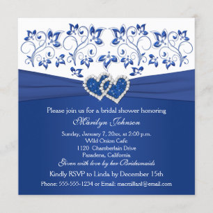 Invitation Fête des mariées Royal Blue, White Floral Hearts