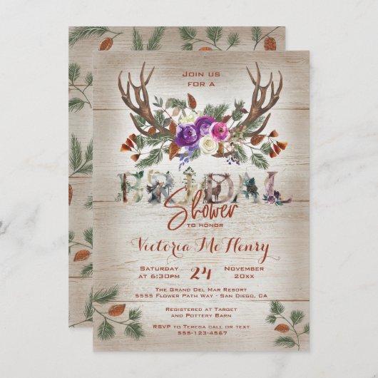 Invitation Fête des mariées Rustic Antlers & Pine Branches (Devant / Derrière)