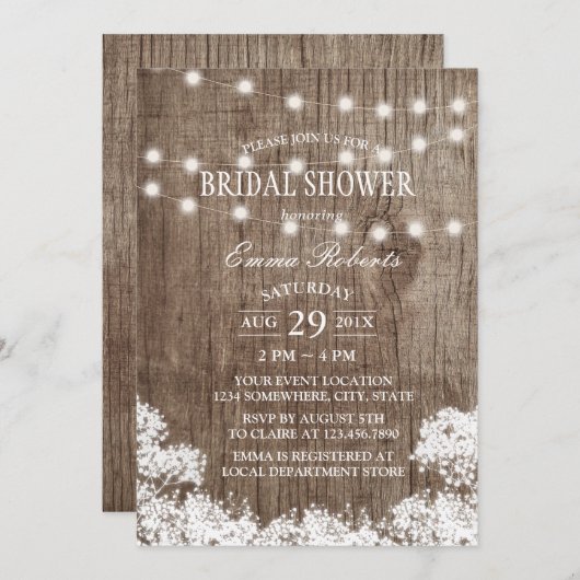 Invitation Fête des mariées Rustic Baby's Breath & String Lig (Devant / Derrière)