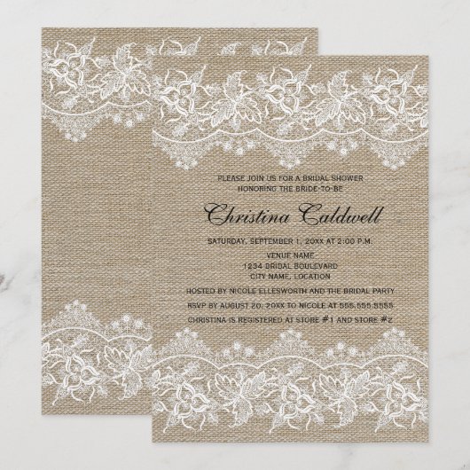 Invitation Fête des mariées Rustic Jute et Lace Look (Devant / Derrière)