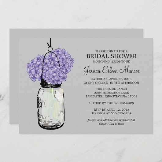 Invitation Fête des mariées RusticMason Jar Hydrangeas (Devant / Derrière)