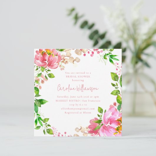 Invitation Fête des mariées rustique à fleurs d'aquarelle ros (Debout devant)