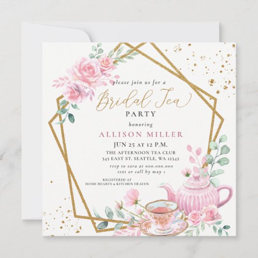 Invitation Fête des mariées Rustique Blush Pink Gold Tea Part (Devant)