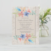 Invitation Fête des mariées Rustique Bois rose bleu Floral Co (Debout devant)