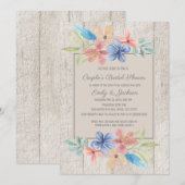 Invitation Fête des mariées Rustique Bois rose bleu Floral Co (Devant / Derrière)