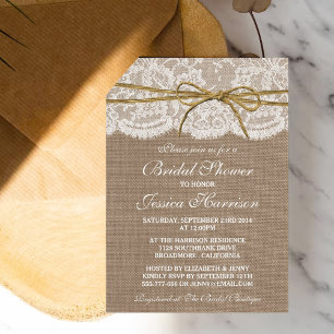 Invitation Fête des mariées Rustique Burlap, dentelle et bow