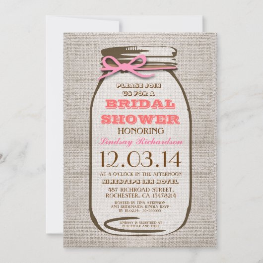 Invitation Fête des mariées rustique Burlap Mason Jar (Devant)