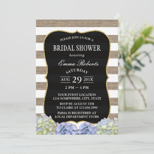 Invitation Fête des mariées Rustique de Burlap Hydrangea (Debout devant)