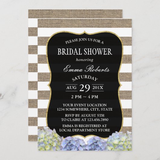 Invitation Fête des mariées Rustique de Burlap Hydrangea (Devant / Derrière)