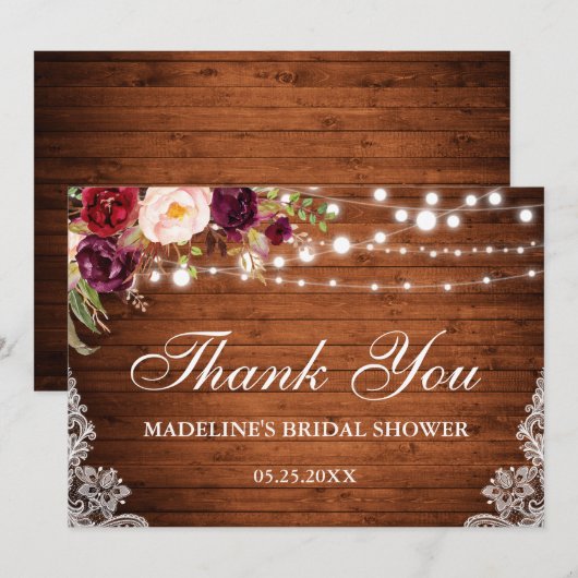 Invitation Fête des mariées rustique dentelle de bois Merci F (Devant / Derrière)