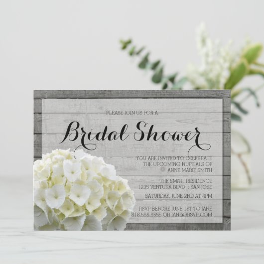 Invitation Fête des mariées RUSTIQUE D'HYDRANGES BLANCS (Debout devant)
