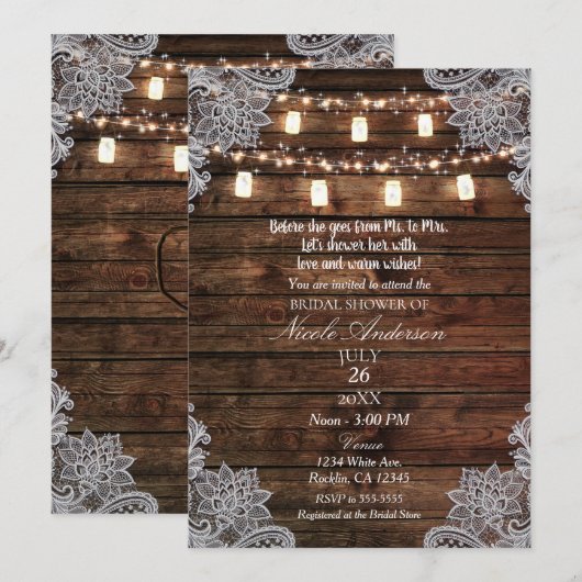 Invitation Fête des mariées rustique en bois de grange et jar (Devant / Derrière)