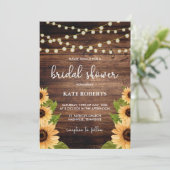 Invitation Fête des mariées rustique en bois et tournesol (Debout devant)