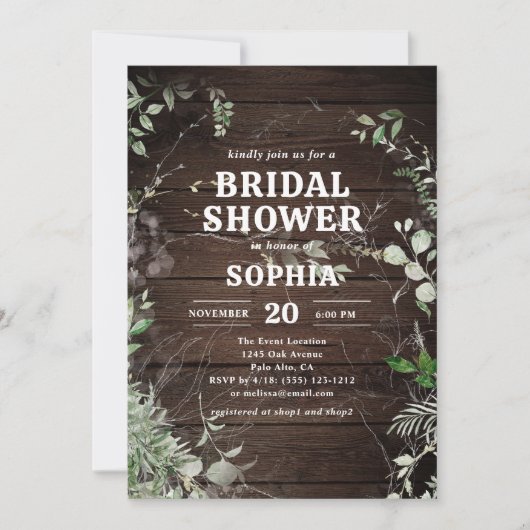 Invitation Fête des mariées rustique en bois vert (Devant)