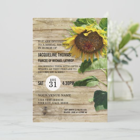 Invitation Fête des mariées Rustique Floral Sunflower Wood Be (Debout devant)