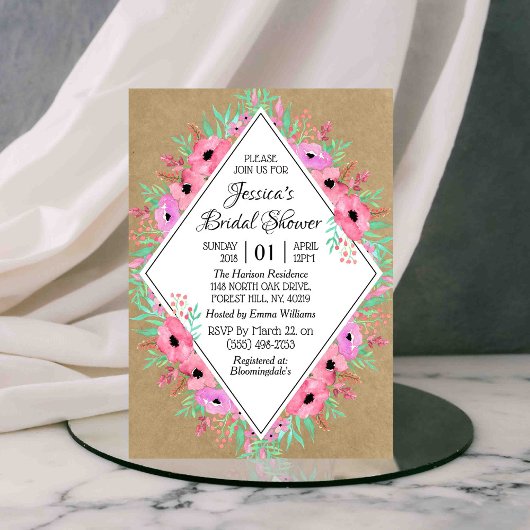 Invitation Fête des mariées Rustique Kraft Watercolor Flowers