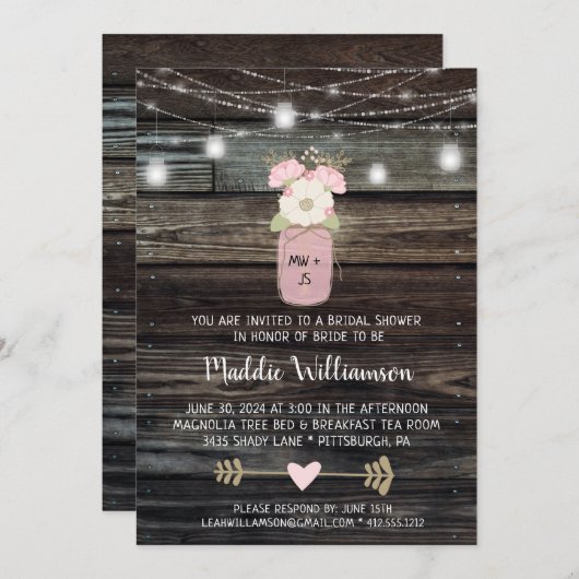 Invitation Fête des mariées rustique Mason Jar illumine Boho  (Devant / Derrière)