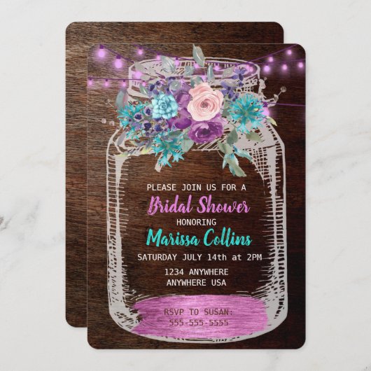 Invitation Fête des mariées rustique, Mason Jar, lumières sus (Devant / Derrière)