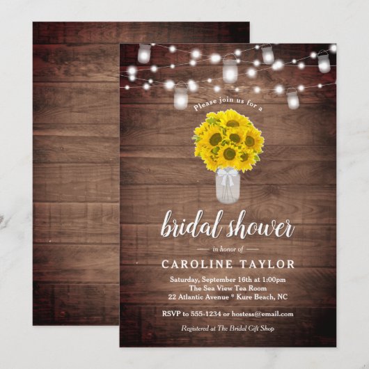 Invitation Fête des mariées Rustique Sunflower Mason Jar Lumi (Devant / Derrière)