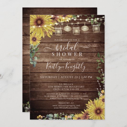 Invitation Fête des mariées Rustique Sunflower Wood String (Devant / Derrière)