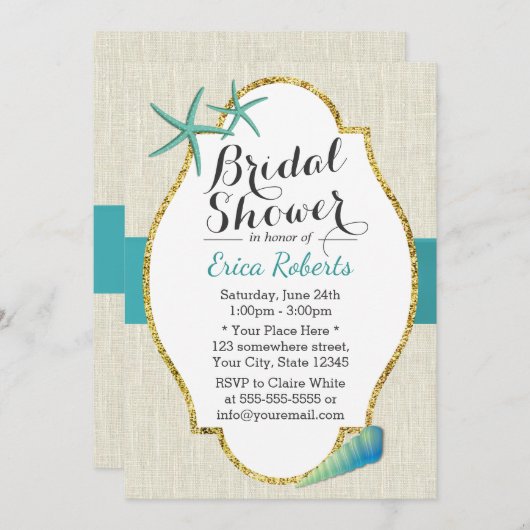 Invitation Fête des mariées Rustique Turquoise Beach Seashell (Devant / Derrière)