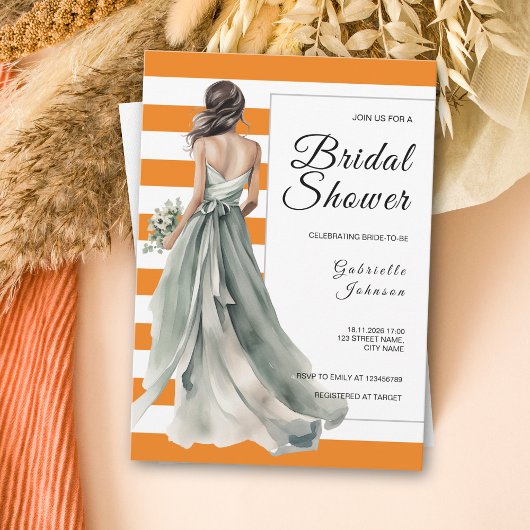 Invitation Fête des mariées Sage Green Bride Orange Stripes