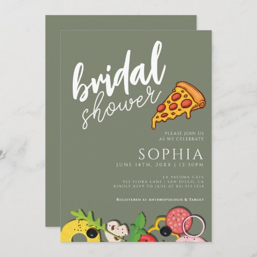 Invitation Fête des mariées Sage Vert PIZZA Moderne Chic (Devant / Derrière)