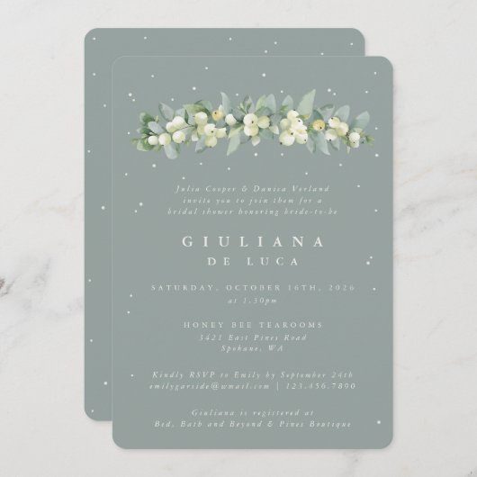 Invitation Fête des mariées Seafoam Green Snowberry+Eucalyptu (Devant / Derrière)