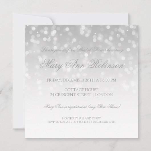 Invitation Fête des mariées Silver Bokeh Éclairage (Devant)