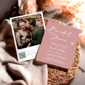 Invitation Fête des mariées simple en bois rose foncé QR Code