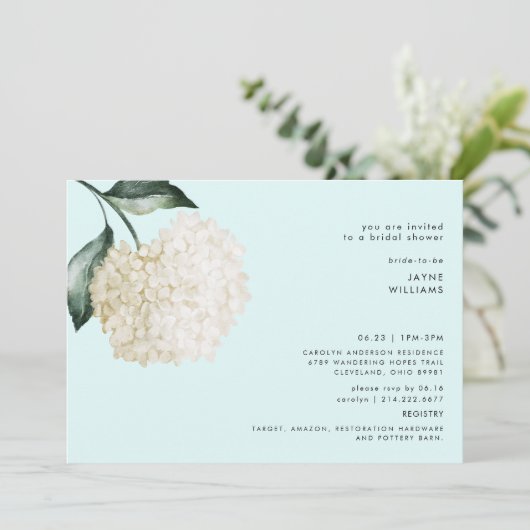 Invitation Fête des mariées simple Hydrangea Stem Seafoam (Debout devant)