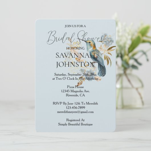 Invitation Fête des mariées Smoky Blue Hummingbird Hydrangea (Debout devant)
