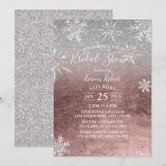Invitation Fête des mariées Snowflakes Rose moderne Gold & Si (Devant / Derrière)
