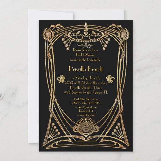 Invitation Fête des mariées, Style Gatsby, noir & or, art déc (Devant)
